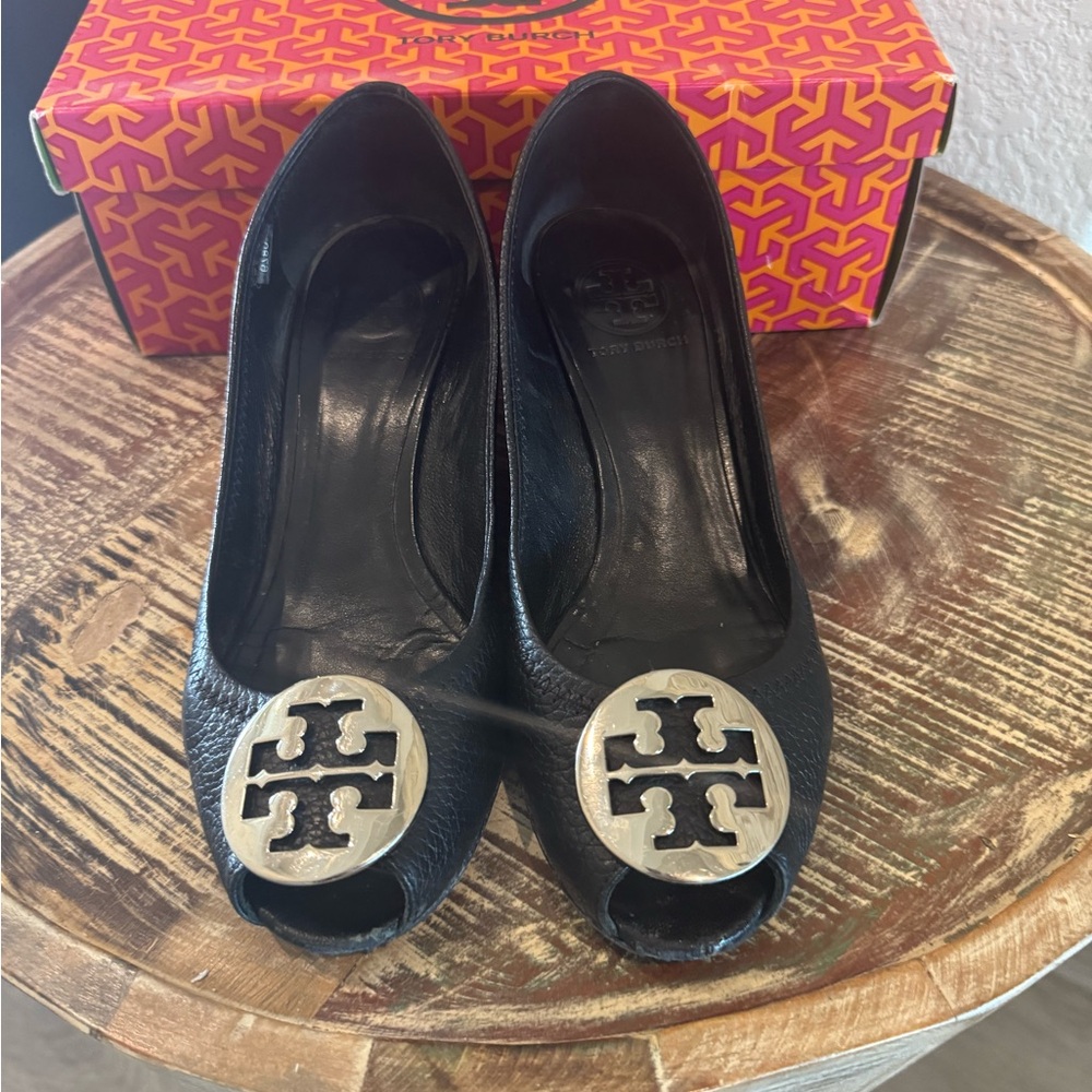 Tory Burch Black Leather Peep-Toe Flats with Silver Logo Medallions